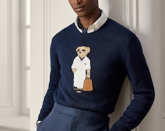 Polo Ralph Lauren Navy Blue Robe Bear Intarsia Knit Crewneck Sweater