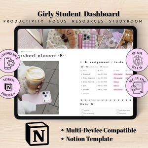 May include: A digital student dashboard Notion template displayed on a tablet screen. The interface features a school planner, assignment to-do lists, and study resources. Pink circular badges highlight features like customizable, ready to use, and all in one.