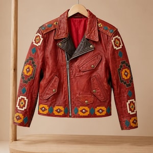 Red Leather Biker Jacket, Southwestern Geometric Patchwork Moto Coat, Vintage Boho Motorcycle Jacket for Men and Women