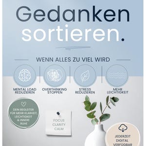 Könnte beinhalten: Ein hellblaues Informationsplakat mit dem Titel KLARRAUM Gedanken sortieren. Es zeigt Symbole für mentale Belastung, Gedankenkarussell, Stress und Leichtigkeit, deutschen und englischen Text, eine weiße Vase mit Blättern und ein Digital-Badge.