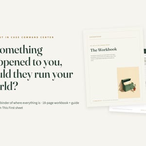 Puede incluir: El Just In Case Command Center es un cuaderno de trabajo de 18 p&aacute;ginas para completar y una gu&iacute;a. La portada presenta el t&iacute;tulo The Workbook y una peque&ntilde;a imagen de una caja verde. El texto pregunta: If something happened to you, could they run your world?