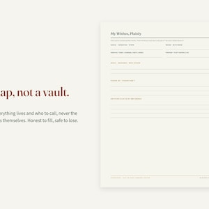 Puede incluir: Un formulario de papel color crema titulado My Wishes, Plainly con secciones para entierro, cremaci&oacute;n u otros arreglos, detalles del servicio, m&uacute;sica, lecturas y notas personales. El texto A map, not a vault est&aacute; impreso a la izquierda.