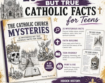 May include: A 25-page workbook titled The Catholic Church Mysteries: 25 Mysterious But True Catholic Facts for Teens. The cover features a skull with a crown, a sword-wielding angel, a Bible, and a candle. Includes two sample pages showing The Holy Stairs and The Bone Church.