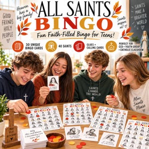 May include: All Saints Bingo game set featuring 30 unique bingo cards, 40 saint cards, and calling cards. The game includes printed materials with text such as All Saints Bingo, Fun Faith-Filled Bingo for Teens, and various saint names.