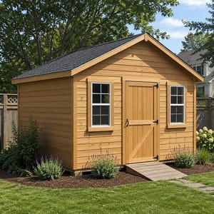 May include: A wooden storage shed with horizontal light brown siding, a dark gray shingled gable roof, and a single door with a black handle. The structure features two white-framed windows with grid patterns and a wooden ramp leading to the door.