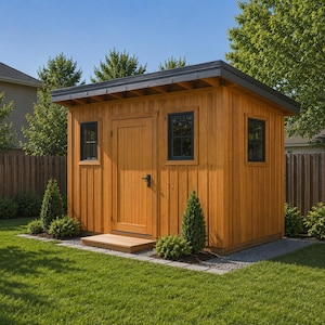 May include: A wooden shed with vertical light brown siding, a single door, and three black-framed windows. The structure features a flat, dark-coloured roof with an overhanging eave and a small wooden step leading up to the entrance door.