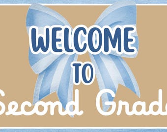 Banner de boas-vindas à sala de aula do terceiro ano com tema de laço listrado azul e limões.