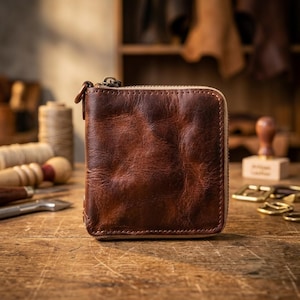 Portefeuille en cuir peint à la main, Portefeuille zippé en cuir de vachette pleine fleur véritable, Porte-cartes vintage fait main, Portefeuille de poche unisexe mince