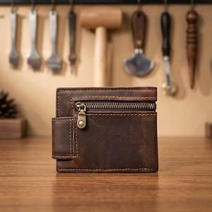 Peut inclure: Un portefeuille pliable en cuir marron foncé doté d'une poche horizontale zippée sur le devant avec une tirette en métal couleur laiton. Le portefeuille présente des coutures visibles sur les bords et une patte de fermeture latérale en cuir.
