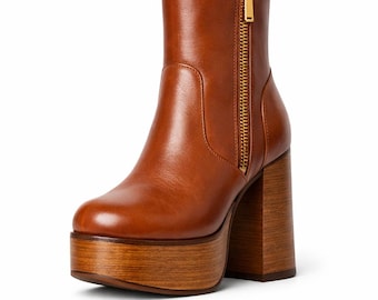 Women's 70s Retro Leather Platform Ankle Boots | Chunky Block Heel, Wooden Sole