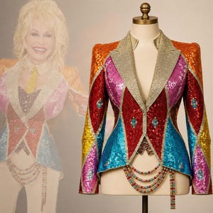 May include: A sequined blazer featuring a multi-colored harlequin pattern in red, pink, blue, yellow, and orange. The jacket has wide gold lapels, structured shoulders, and a decorative beaded chain fringe hanging from the front hemline.