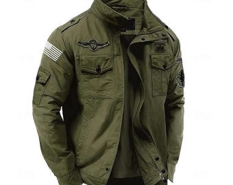 Men’s Vintage Green Military Jacket | Handcrafted Tactical Field Coat with Patches | Outdoor Utility Jacket