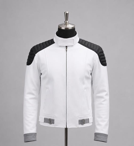 Men's Real Leather White Gaming Jacket | Futuristic Moto Cosplay Jacket | Sci Fi Costume Coat