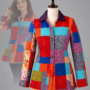 May include: A long-sleeved jacket featuring a vibrant patchwork design with various floral and geometric patterns in shades of red, blue, orange, and purple. The jacket has a solid dark purple collar and a front button closure with metallic buttons.