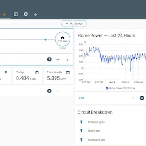 May include: A digital dashboard interface titled pro dash displaying energy monitoring data. It features a flow diagram between grid and home, a line graph labeled Home Power - Last 24 Hours, and metrics for live usage, daily, and monthly consumption.
