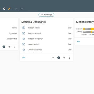 May include: A digital dashboard interface titled pro dash featuring three main sections: Presence, Motion & Occupancy, and Motion History. The layout includes status icons, text labels for home devices, and a timeline graph showing motion activity.