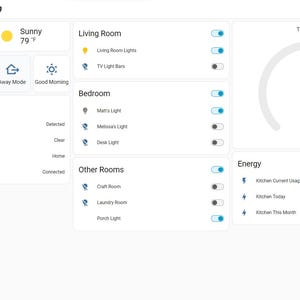 May include: A digital smart home dashboard interface displaying various control panels including security status, energy usage, thermostat settings at 72.5 F, and lighting toggles for living room, bedroom, and other rooms on a white background.
