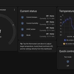 May include: A digital climate control dashboard interface on a dark background. It displays an Ecobee thermostat set to Off at 72 degrees Fahrenheit, a current status panel, a 24-hour temperature history line graph, and quick controls for fan mode.