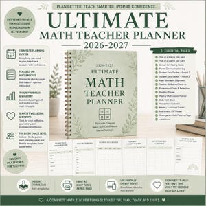 Könnte beinhalten: Ein spiralgebundener 2026-2027 Ultimate Math Teacher Planner mit salbeigrünem Einband, verziert mit Blattmotiven und mathematischen Symbolen. Der Planer enthält 21 wichtige Seiten, darunter Schülerdaten-Tracker, Wochenplaner und Lehrplan-Abgleiche.
