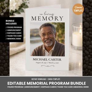 Bewerkbaar pakket met klassieke herdenkingsprogramma's en eigentijdse sjablonen voor een uitvaartviering (digitale download).