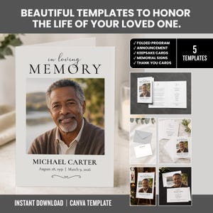 May include: A set of five memorial templates including a folded programme, announcement, keepsake cards, memorial signs, and thank you cards. The design features the text "in loving MEMORY", a placeholder photo, and the name "MICHAEL CARTER".