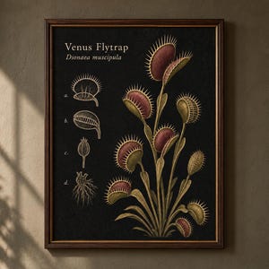 Venus flugfälla Dionaea muscipula väggkonsttryck, köttätande växtposter, gotiskt herbarium, naturhistorisk botanisk studie