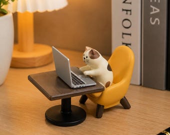 Cat with Laptop Figurine | Cat Wokring Desk Decor | Mini Office Cat Statue | Cute Desk Accessory | Funny Work From Home Gift