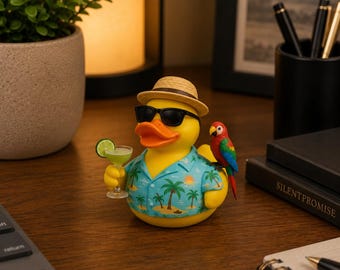 Tropical Duck Figurine | Vacation Duck Desk Decor | Funny Hawaiian Duck Statue | Summer Office Ornament | Duck Lover Gift