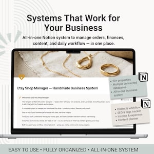 Administrador de tienda Etsy / Planificador de negocios de joyería / Plantilla Notion / Inventario / Pedidos / Seguimiento SEO / Finanzas