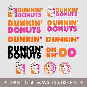 May include: A collection of Dunkin' Donuts logos and icons in orange, pink, and black. The set includes various text-based designs, the letters DD, and circular or square icons featuring a coffee cup with steam, all presented on a light gray background.