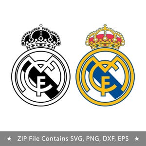 May include: Two versions of the Real Madrid football club logo. One is a black and white line art graphic, and the other is a full-colour version featuring a gold crown, a blue diagonal stripe, and gold lettering on a white circular background.