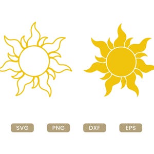 Puede incluir: Dos iconos de sol amarillos con rayos ondulados. El icono de la izquierda es un contorno y el de la derecha es un relleno sólido. Debajo de los iconos hay cuatro etiquetas rectangulares con el texto SVG, PNG, DXF y EPS.