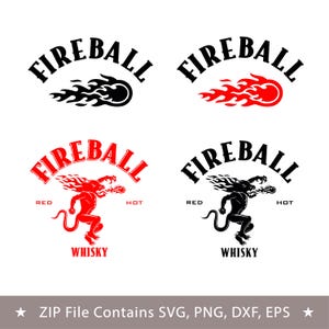 May include: Four graphic designs featuring the word FIREBALL in an arched font. Two designs show a flaming sphere. Two designs show a creature with a flaming head and tail, the text RED HOT, and the word WHISKY, rendered in black and red color variations.