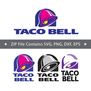 以下が含まれることがあります： ピンク、紫、黄色、銀色、黒、白などの様々な配色でTaco Bellのロゴを表示したデジタルグラフィックファイルセット。ZIP File Contains SVG, PNG, DXF, EPSというテキストが濃い灰色の水平バーに表示されています。