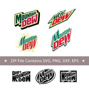 May include: A collection of seven Mountain Dew logo designs in various styles. Four logos are in color, featuring green and red text. Three logos are in black and white, including Diet Mountain Dew. The text ZIP File Contains SVG, PNG, DXF, EPS is visible.