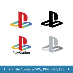 May include: Four variations of the PlayStation logo. One is the classic multicolored version, one is solid black, one is the multicolored version with the text PlayStation underneath, and one is a monochromatic gray version on a white background.
