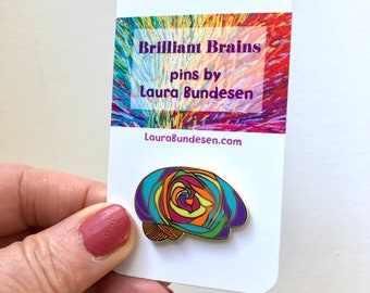 Neuro Art. Brilliant Brain Pins, Gift for Doctor, Nurse, Scientist, Brain Tumor or Cancer Survivor. Rainbow Rose brain. Lapel pins.