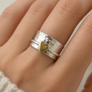 Heart Silver Ring, Wide Hammered Band Ring, 925 Sterling Silver, Two Tone Gold Heart Statement Ring, Handmade Gift for Women, Bold Jewelry