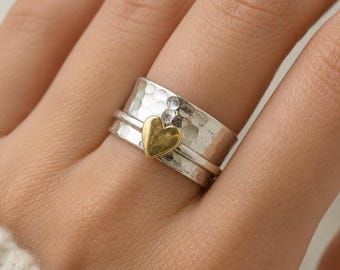 Heart Silver Ring, Wide Hammered Band Ring, 925 Sterling Silver, Two Tone Gold Heart Statement Ring, Handmade Gift for Women, Bold Jewelry