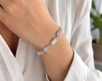 Natural Rainbow Moonstone Bracelet, 925 Sterling Silver, Rectangle Gemstone Link Bracelet, Blue Flash Moonstone Bracelet Women, Gift For Her