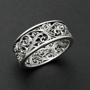 Bred silverfiligranring, massivt sterlingsilver, invecklad öppen ring, vintage-ring i rullstil, elegant statementring, utsmyckad ring
