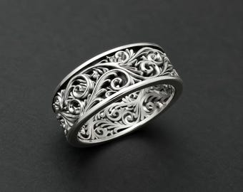 Wide Silver Filigree Band, Solid Sterling Silver, Intricate Openwork Ring, Vintage Style Scroll Ring, Elegant Statement Ring,  Ornate Band