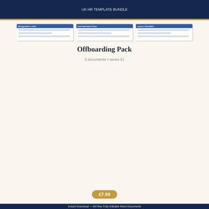 May include: A digital document bundle titled UK HR TEMPLATE BUNDLE and Offboarding Pack. It includes three document templates labelled Resignation Letter, Exit Interview Form, and Leaver Checklist, presented on a light background with dark blue headers.
