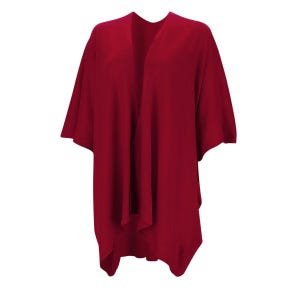 May include: A solid deep red open-front cardigan with a relaxed, flowing silhouette. This garment features wide, short sleeves and a draped, unfastened front design that falls to a mid-thigh length, crafted from a smooth, uniform fabric.