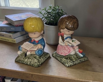 Vintage 1972 Joan Walsh Anglund Reading Kids Bookends - Boy & Girl