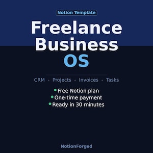 May include: A digital Notion template titled Freelance Business OS in white and light blue text on a dark blue background. It lists features including CRM, Projects, Invoices, Tasks, Free Notion plan, One-time payment, and Ready in 30 minutes.