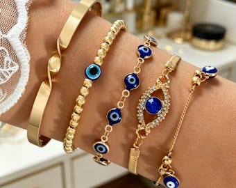 Blue Evil Eye Bracelet, Gold Cuff Bracelet, Greek Evil Eye Jewelry Gift for Her, Adjustable Evil Eye Charm Bracelet, Christmas Gift Ideas