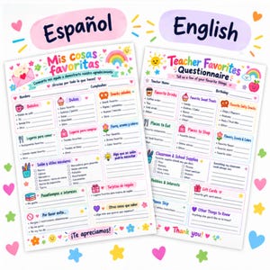 以下が含まれることがあります： スペイン語の「Mis cosas favoritas」と英語の「Teacher Favorites Questionnaire」というタイトルの、教師向け印刷用アンケート用紙2枚。どちらも虹、太陽、ハートのカラフルなパステル調のグラフィックが特徴で、軽食、飲み物、学用品などの個人的な好みを記入するための空白の行が設けられています。