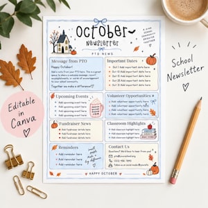 Könnte beinhalten: Eine Newsletter-Vorlage für Oktober im handgezeichneten Stil mit einem Spukhaus, Kürbissen und Herbstblättern. Das Dokument enthält Abschnitte für Nachrichten, wichtige Termine, Veranstaltungen, Freiwilligenmöglichkeiten und Kontaktinfos.