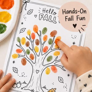 May include: A white paper activity sheet featuring a black line drawing of a tree with the text Hello FALL and Hands-On Fall Fun. The tree branches are decorated with orange, yellow, brown, and green fingerprint leaves, with a paint palette nearby.